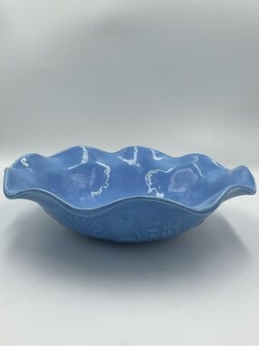 Vintage Jeannette Glass Company “Iris & Herringbone” Serving Bowl Painted Blue